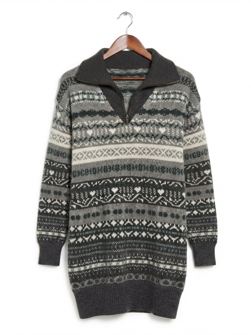 Vintage Fair isle Oversize Sweater 3/4 Zip XL Wool Blend